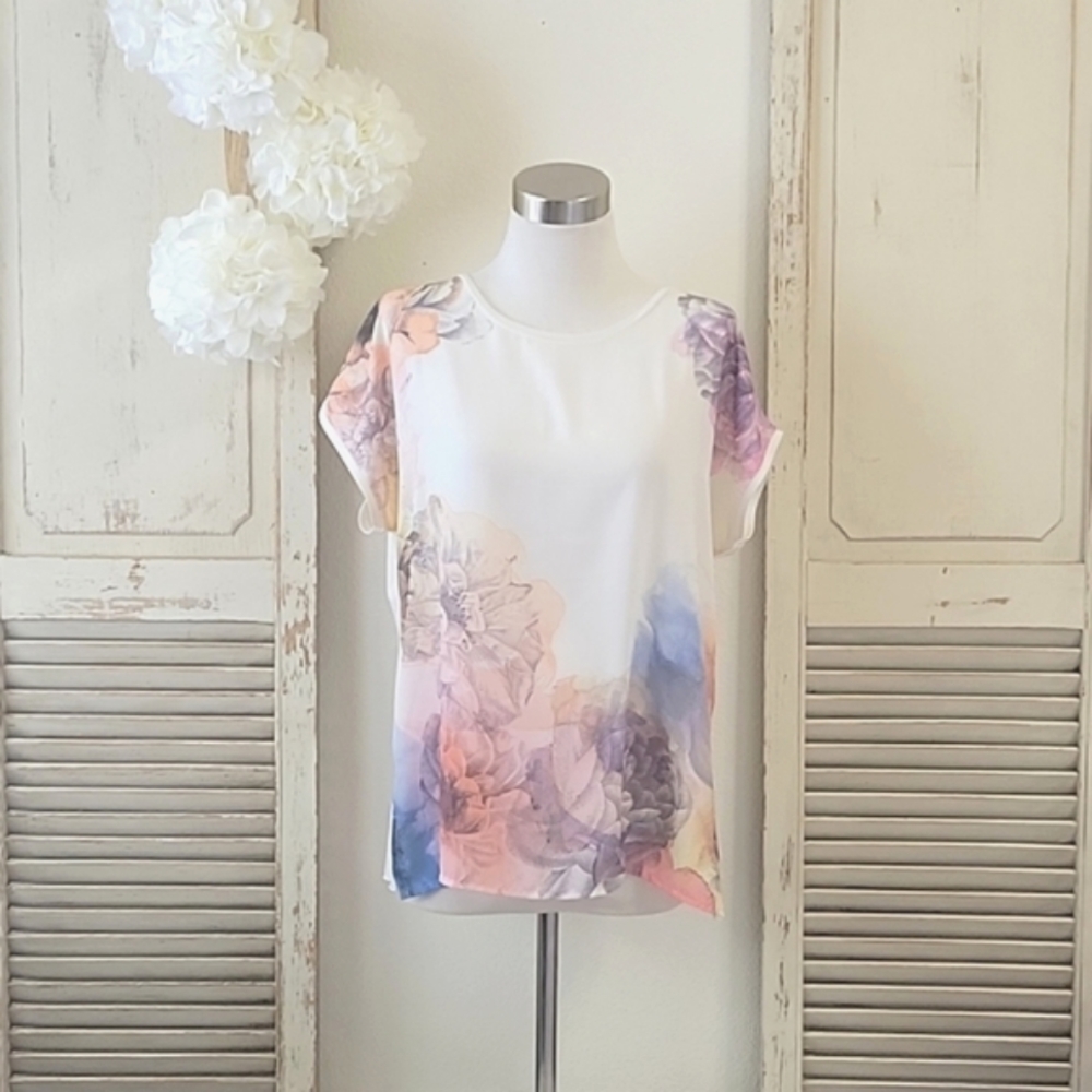 Zara W/G collection short cap sleeves watercolor floral top women's size medium